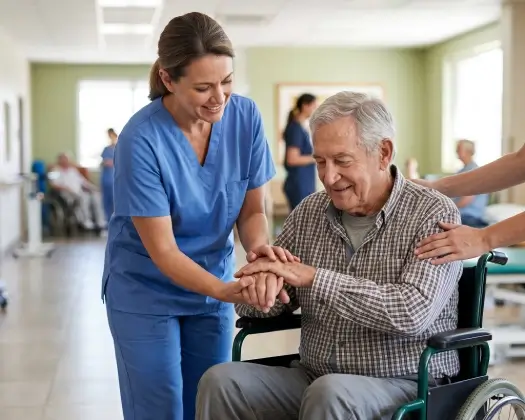 Caregiver sitting with a senior on a sofa at home