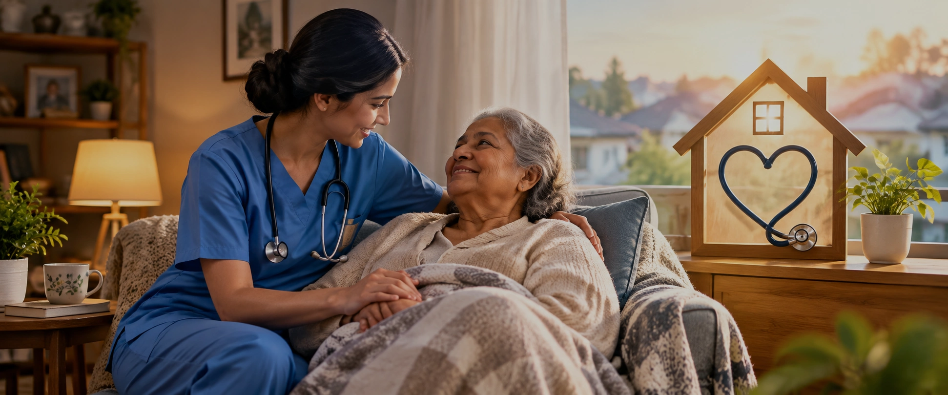MAX H CARE caregiver smiling and supporting a senior patient at home